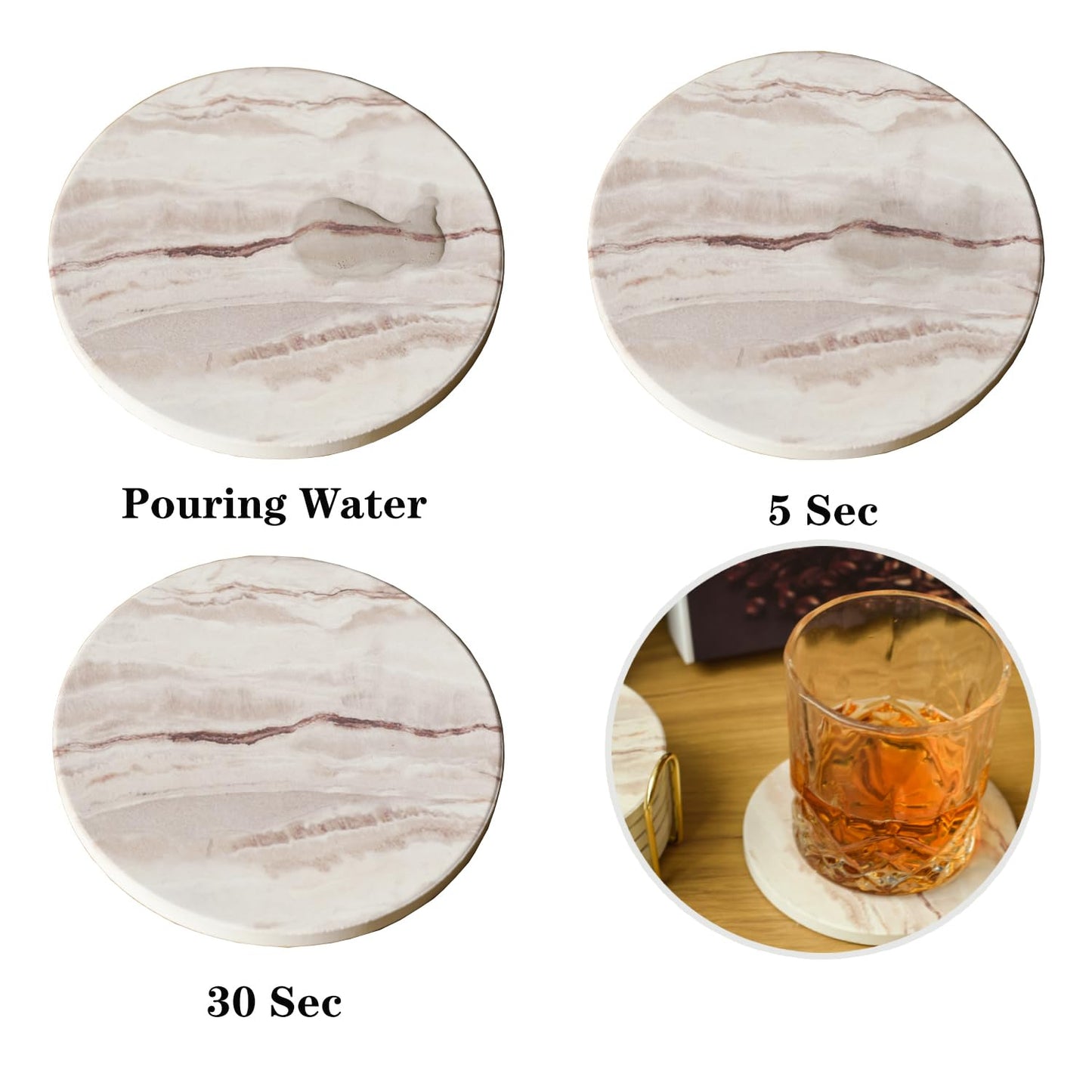 6Pcs Drink Coasters with Holder, Round Marble Style Ceramic Drink Coaster, Absorbent Coaster Set for Home Decor Tabletop Protection, Suitable for Kinds of Cups, Housewarming Gift, 4 Inches