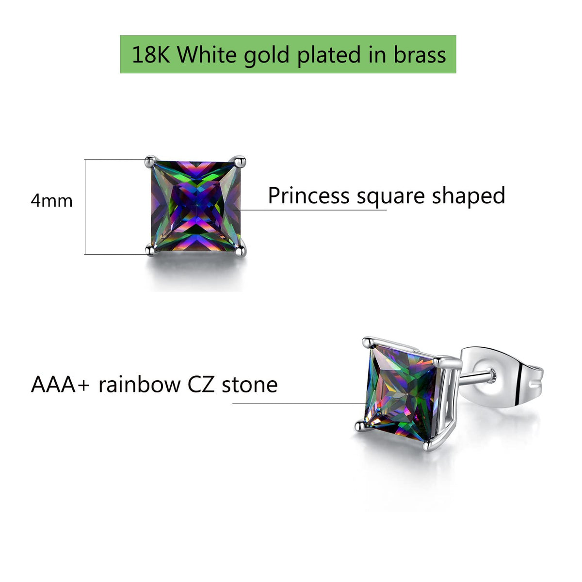 Rainbow Quartz CZ Studs Earrings Colourful Cubic Zirconia Ear Piercing 18K White Gold Plated Jewelry Gifts for Women Men(4mm square studs)