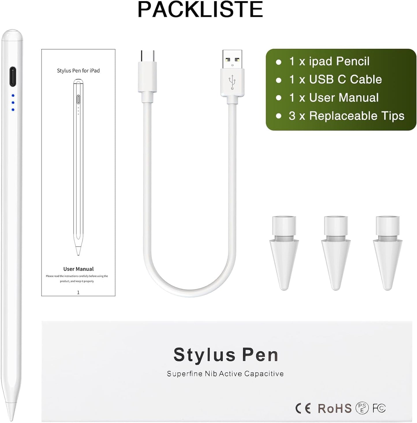 Pencil 1st Generation for iPad 2025-2018, HATOKU Digital Pens for Tablet with Tilt Sensitivity & Palm Rejection Magnetic Pencil for iPad 6-11, Air 3-5/M2/M3, Pro 11/12.9"/13" M4, Mini 5~7 (White)
