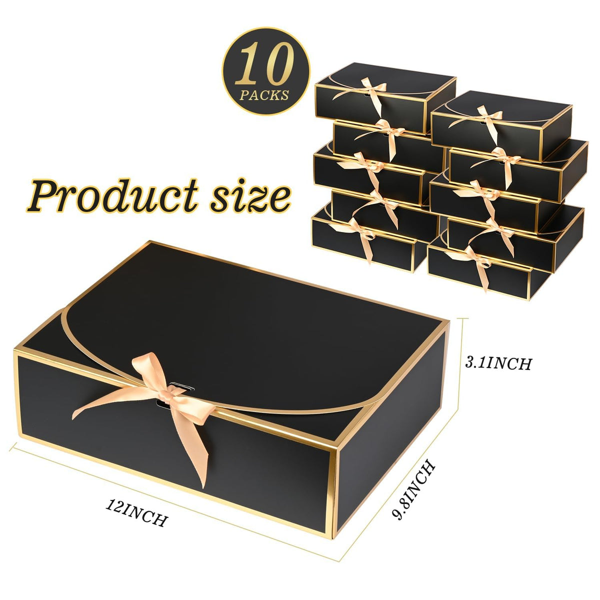 WLUSEAXI 10 Pack Gold Foil Large Gift Boxes with Lids, 12.6x9.8x3.1 Inch Luxury Bridesmaid Proposal Box, Black Gift Boxes for Presents, Wedding, Baby Shower, Birthday Party