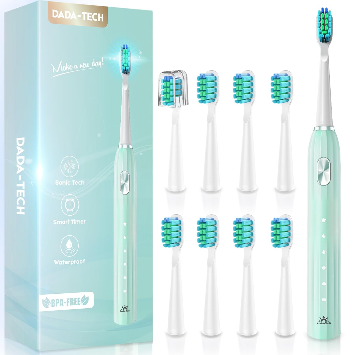 Sonic Toothbrush, Electric Toothbrush Adults Kids Electric Toothbrush Rechargeable Toothbrush with 9 Reminder Brush Heads 5 Cleaning Modes 2-Minute Timer (Green)