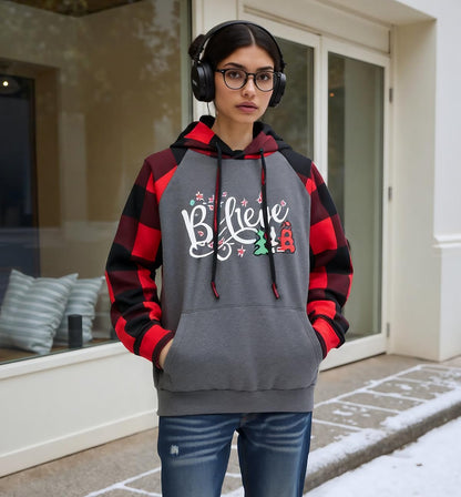 Christmas Hoodies Women Christmas Sweatshirts Believe Tree Shirt Xmas Vacation Graphic Casual Long Sleeve Pullover Tops Blouse L