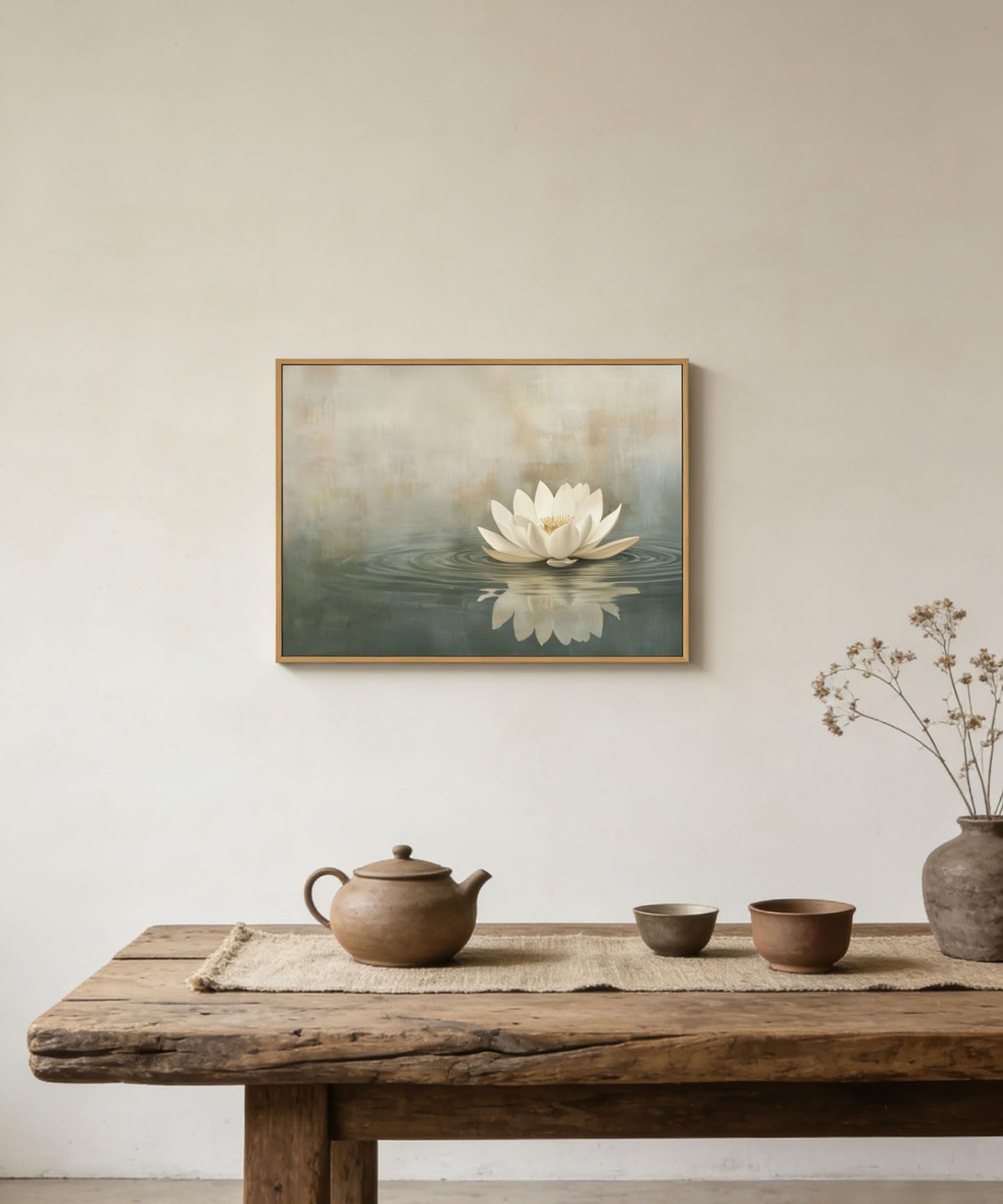 Framed Sage Green Japandi Canvas Wall Art Zen White Lotus Flowers Picture Wall Decor Japanese Wabi Sabi Poster Prints for Yoga Spa Meditation Spiritual Room Living Room Home Decoration 12x16in