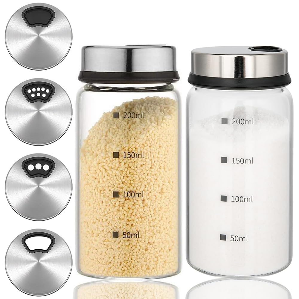 Aiareozy 2 Pack Salt Pepper Shaker, 200ml Salt Shaker with Adjustable pour Holes, Stainless Steel spice shaker, Glass Spice Jars with Shaker lids, Spice Container,salt container for Kitchen