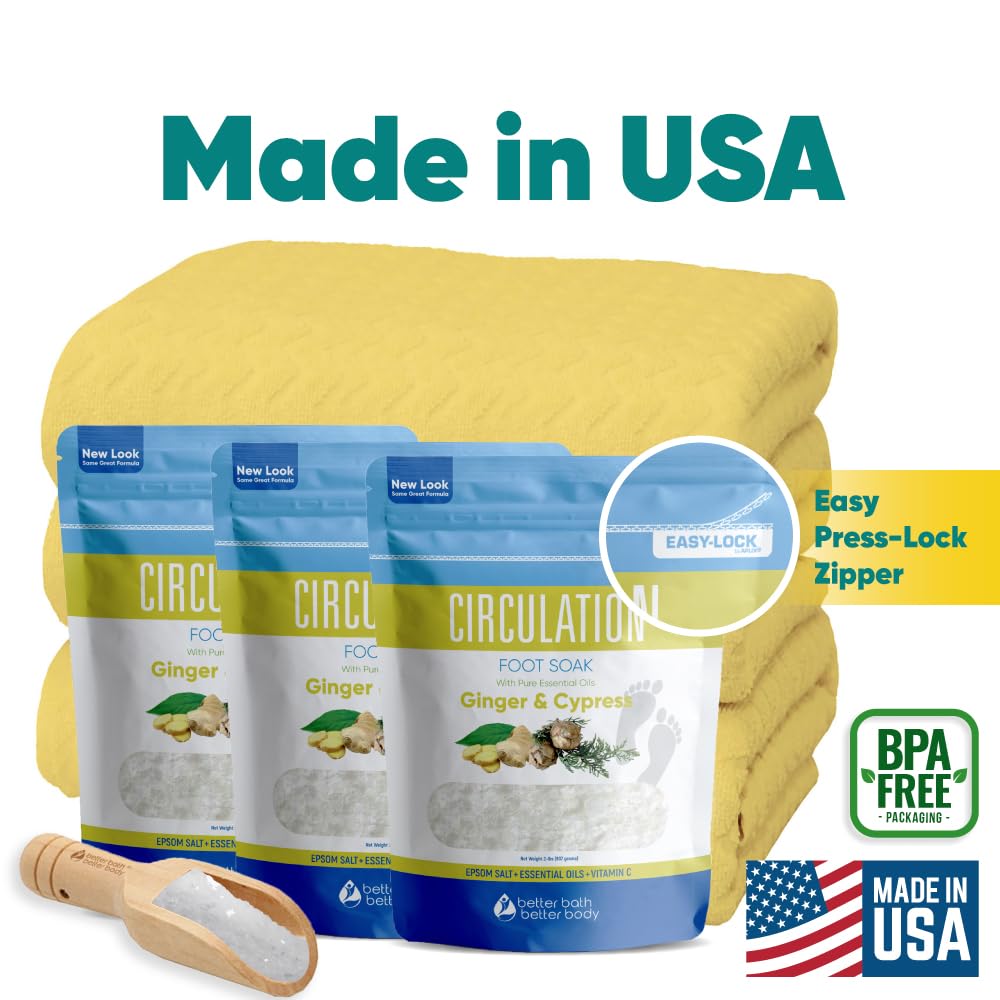 Circulation Foot Soak 32 Ounces (2 Lbs) Epsom Salt with Pure Essential Oils Ginger and Cypress Essential Oils Plus Vitamin C in BPA Free Pouch with Easy Press Lock Seal