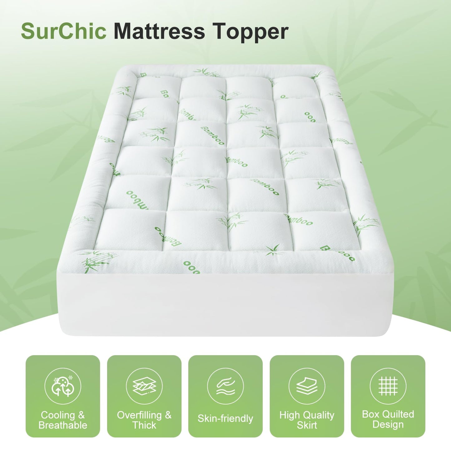 SurChic Queen Size Mattress Topper Viscose Derived from Bamboo, Soft Thick Pillow Top Mattress Pad Cover for Back Pain, Cooling Mattress Protector with 8-21 Inch Deep Pocket, White