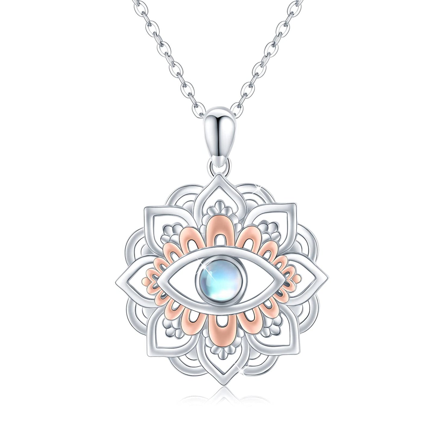 Lotus Eye Necklace for Women Moonstone Evil Eye Lotus Protection Pendant 925 Sterling Silver Lotus Necklace Lotus Flower Charm Jewelry for Birthday Halloween for Women Men Teen (Moonstone)