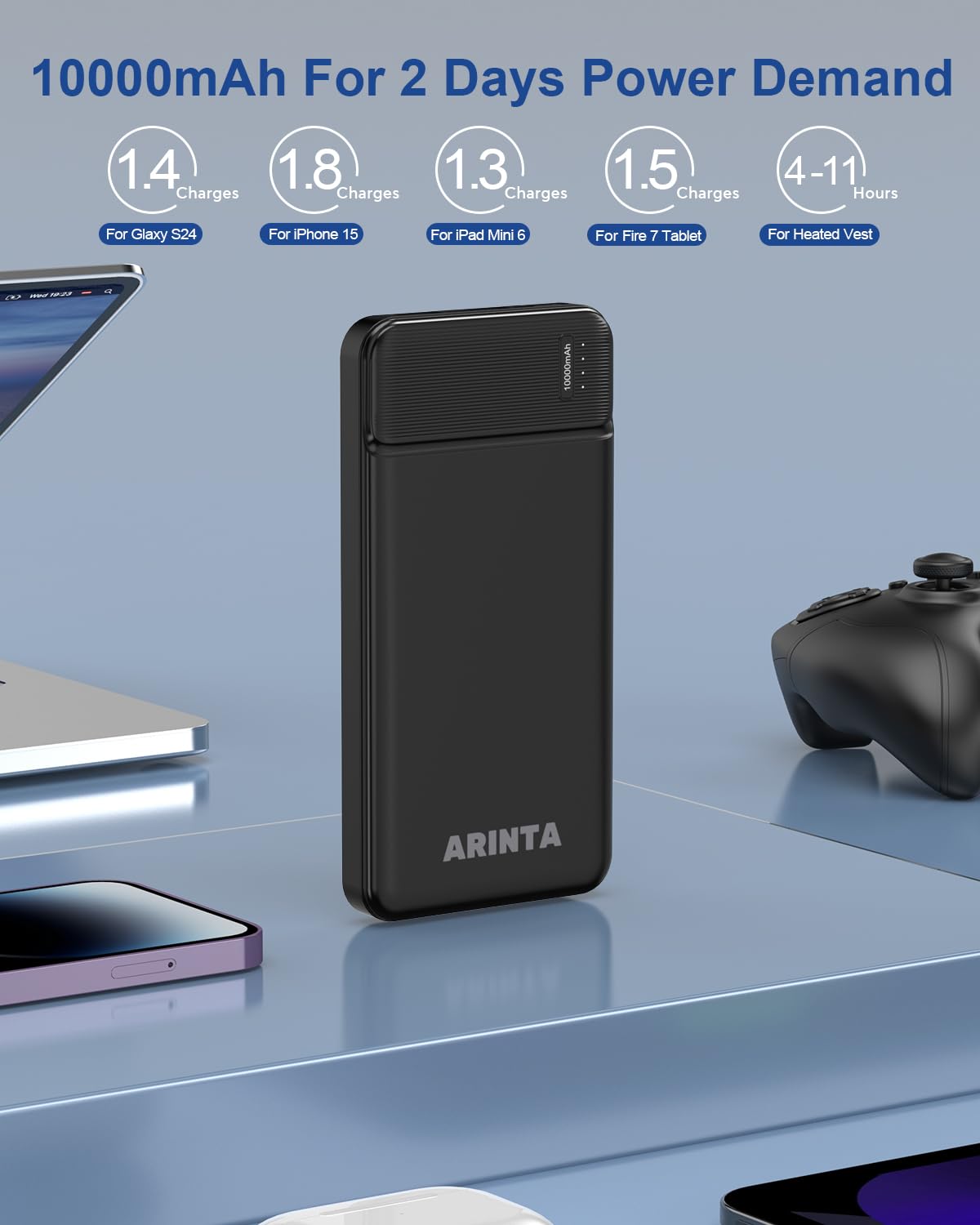 ARINTA Power Bank Battery Pack for Heated Jacket & Vest, Portable Charger 10000mAh PD 22.5W, Ultra Slim with USB-C Input/Output, Compatible for Smartphones & Tablets, Gifts for Men Women. (Black)