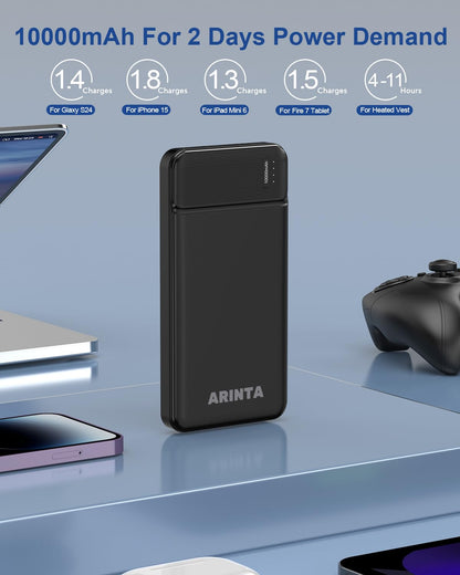 ARINTA Power Bank Battery Pack for Heated Jacket & Vest, Portable Charger 10000mAh PD 22.5W, Ultra Slim with USB-C Input/Output, Compatible for Smartphones & Tablets, Gifts for Men Women. (Black)