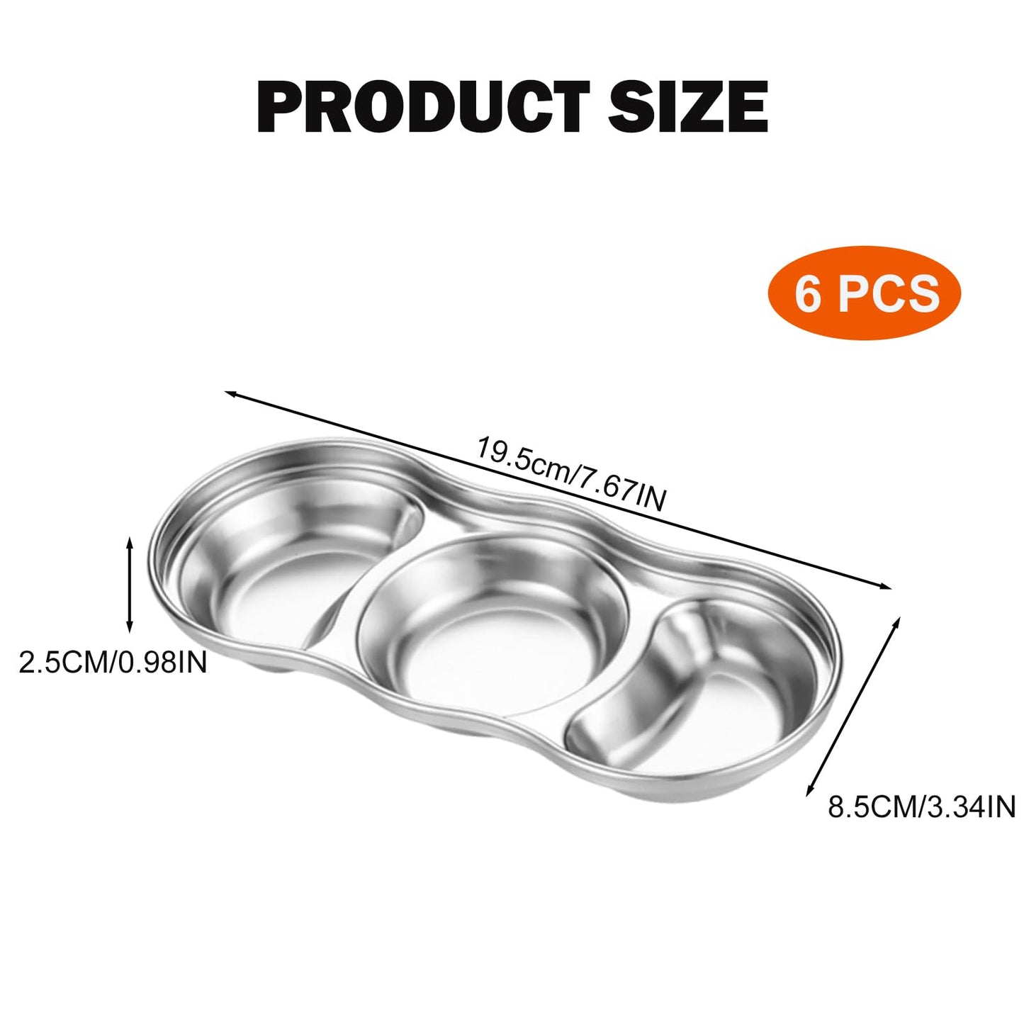 Zynexa 6 Pcs Soy Sauce Dish Stainless Steel 3 Compartment Korean Sauce Plate Condiment Tray Banchan Dishes for BBQ Vinegar Spice Salt Sugar Home Restaurant (Silver (Type 2))