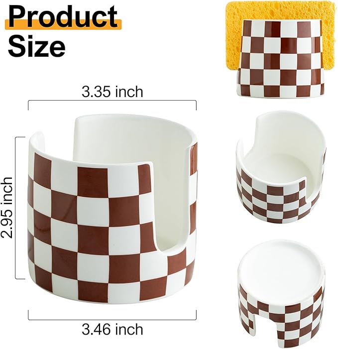Checkered Sponge Holder for Kitchen Sink, Ceramic Dish Sponge Drying Caddy