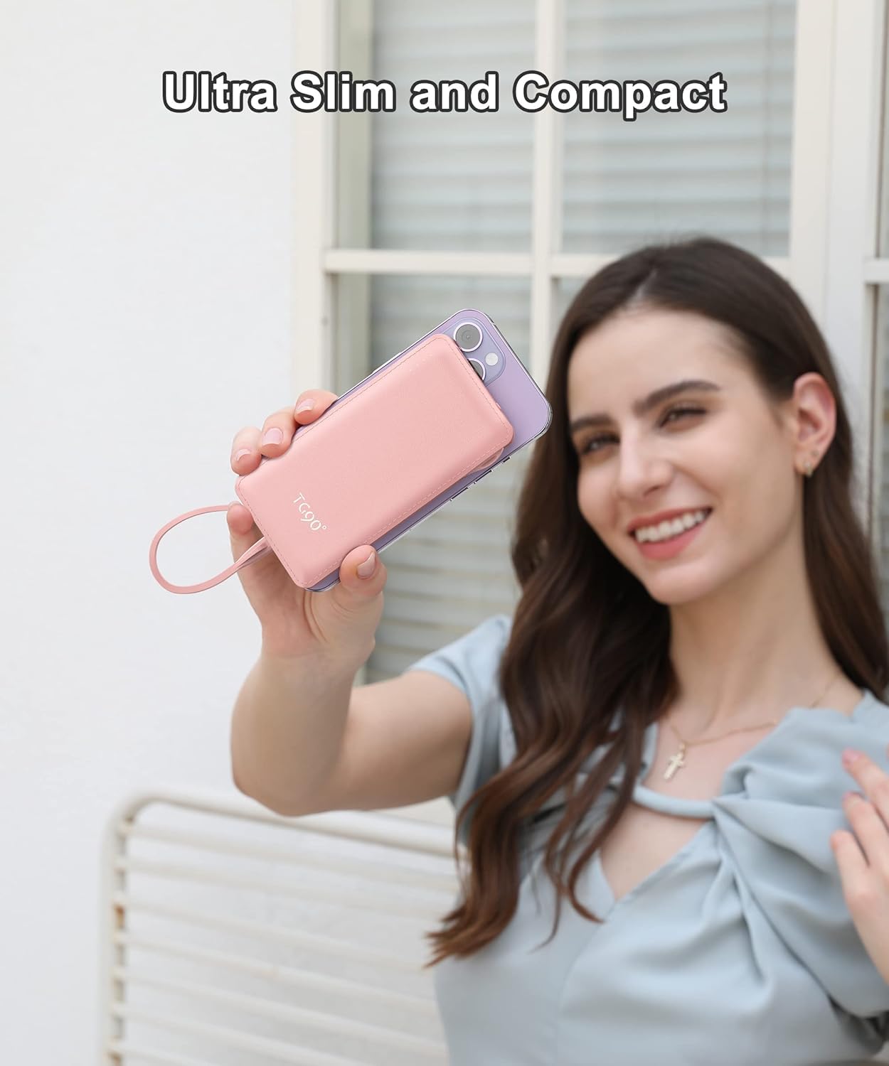 TG90° Portable Charger 10000mah Cell Phone Battery Backup, Ultra Slim Power Bank with Built in Lightning and USB-C Cable, Portable Phone Charger Battery Packs Compatible with iPhone Android Phones