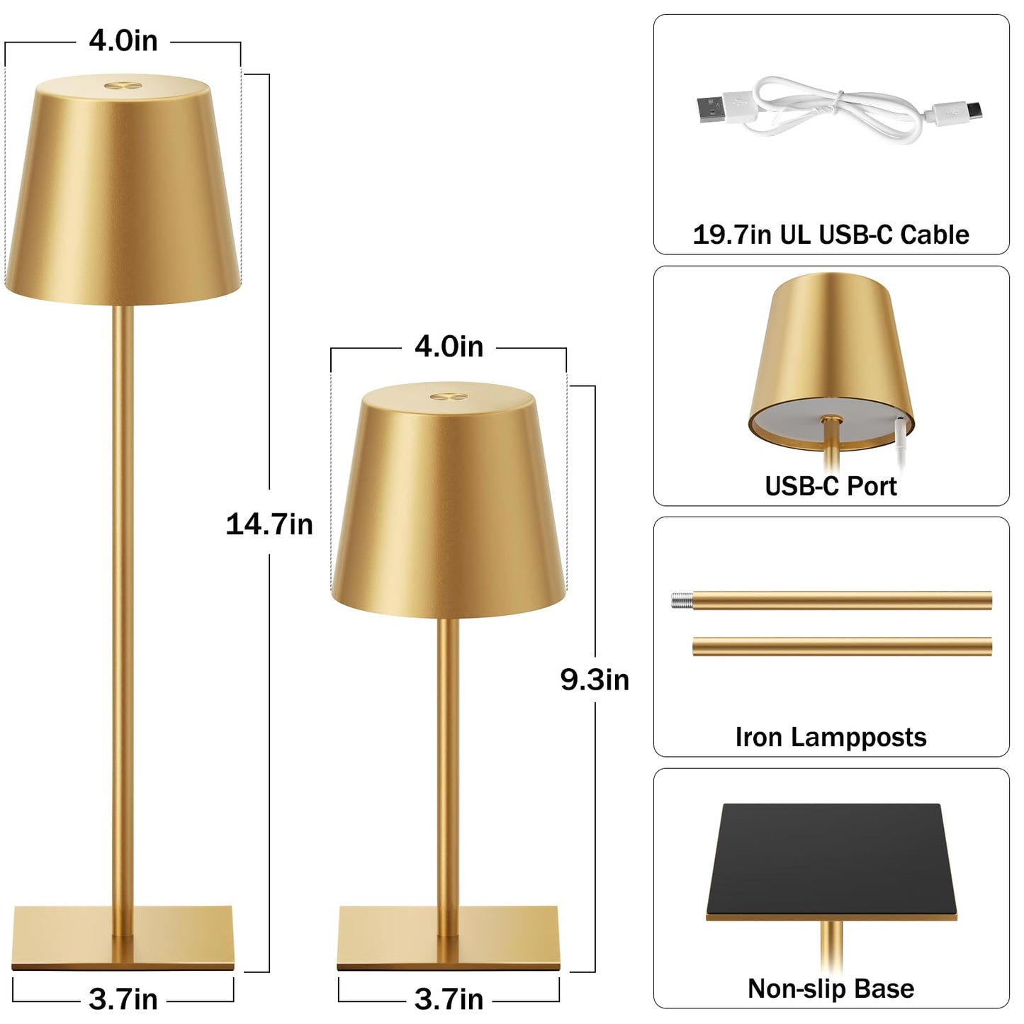 Kakanuo Gold Cordless Rechargeable Table Lamp, 4 Pack Portable Desk Lamp with 5000mAh Battery, Touch Control Stepless Dimming, Wireless Night Light for Dining, Outdoor Camping, Coffee Shop