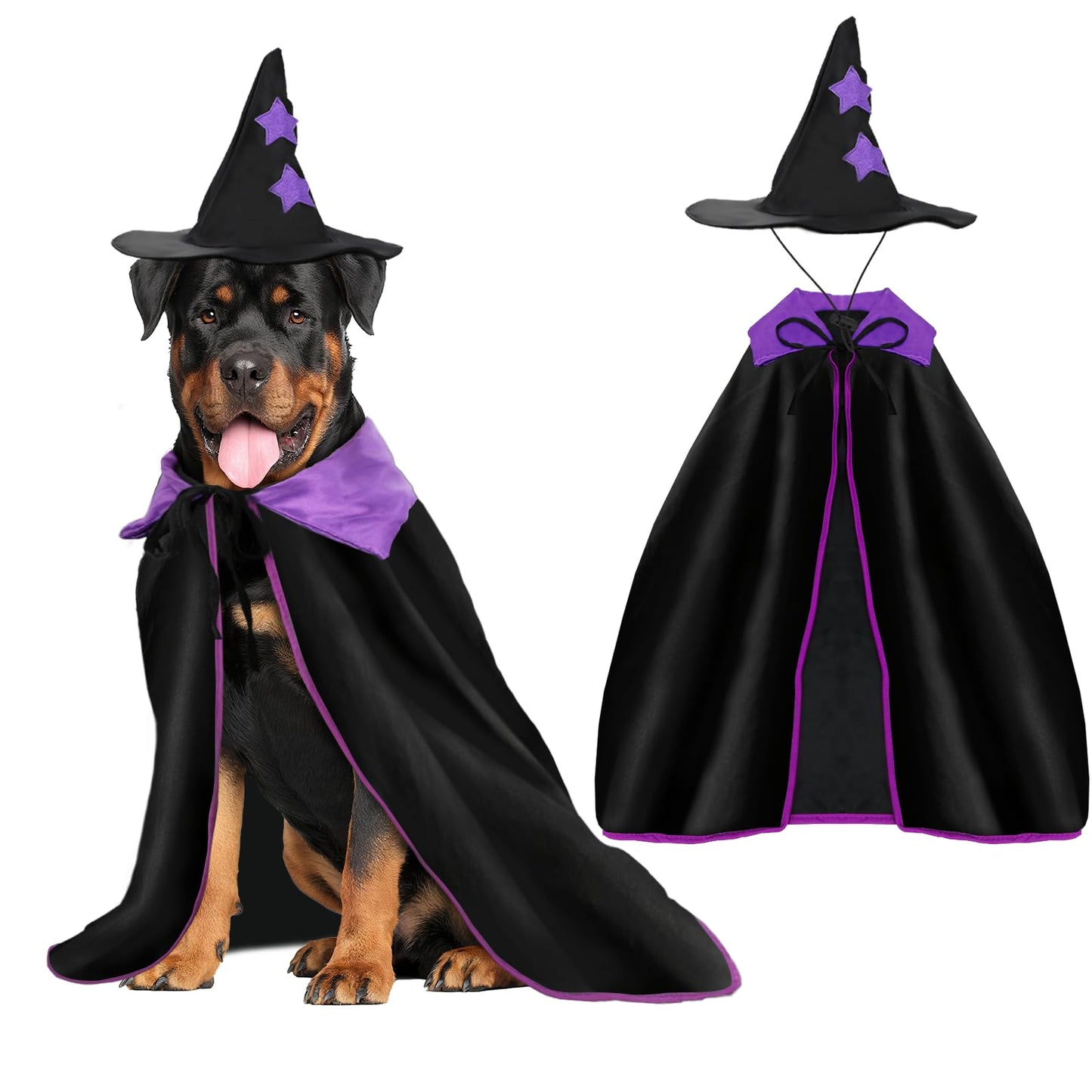 Rypet Halloween Dog Witch Costume, Dog Halloween Costumes Set with Cloak and Star Hat, Dogs Witches Cape for Large and Medium Dogs, Pet Outfit for Halloween Party Magician and Witch Cosplay XL