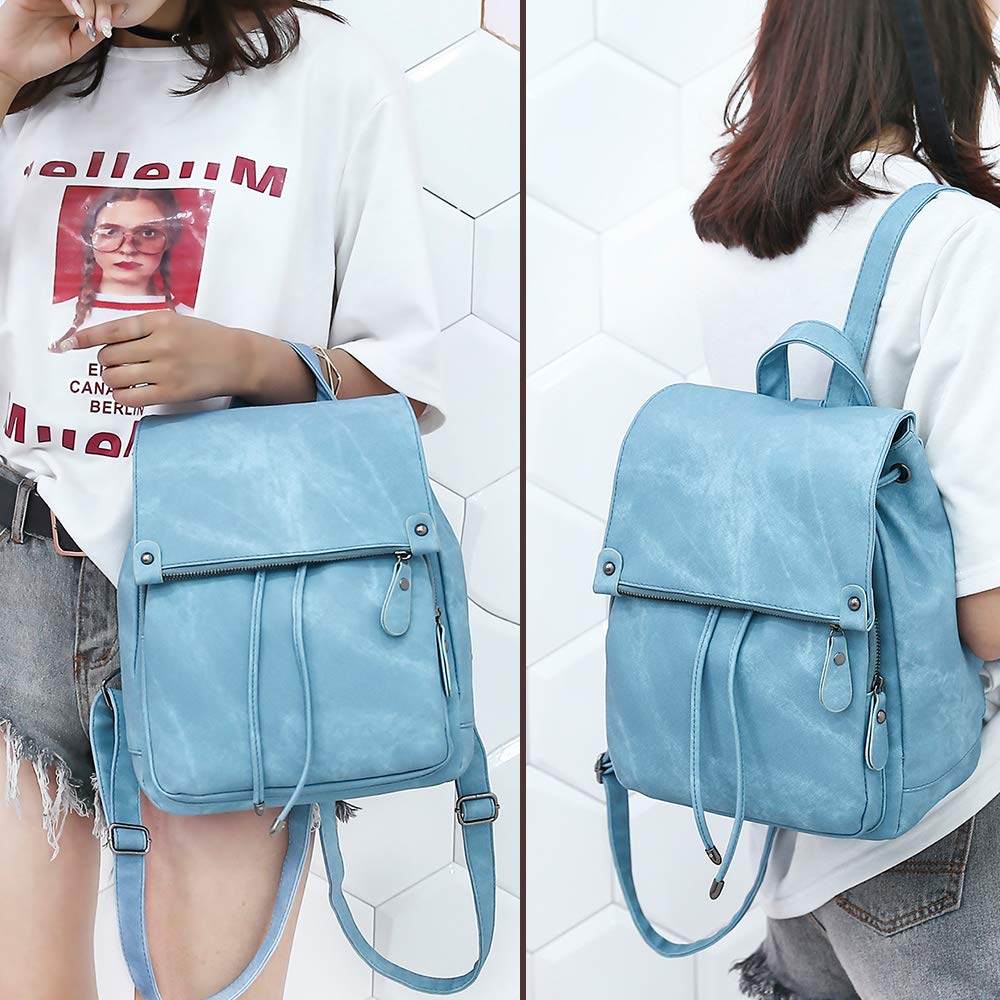 Everfunny Women Backpack Waterproof Anti-theft Lightweight PU Fashion Leather Nylon School Shoulder Bag Travel Cute Backpack Ladies(Blue)