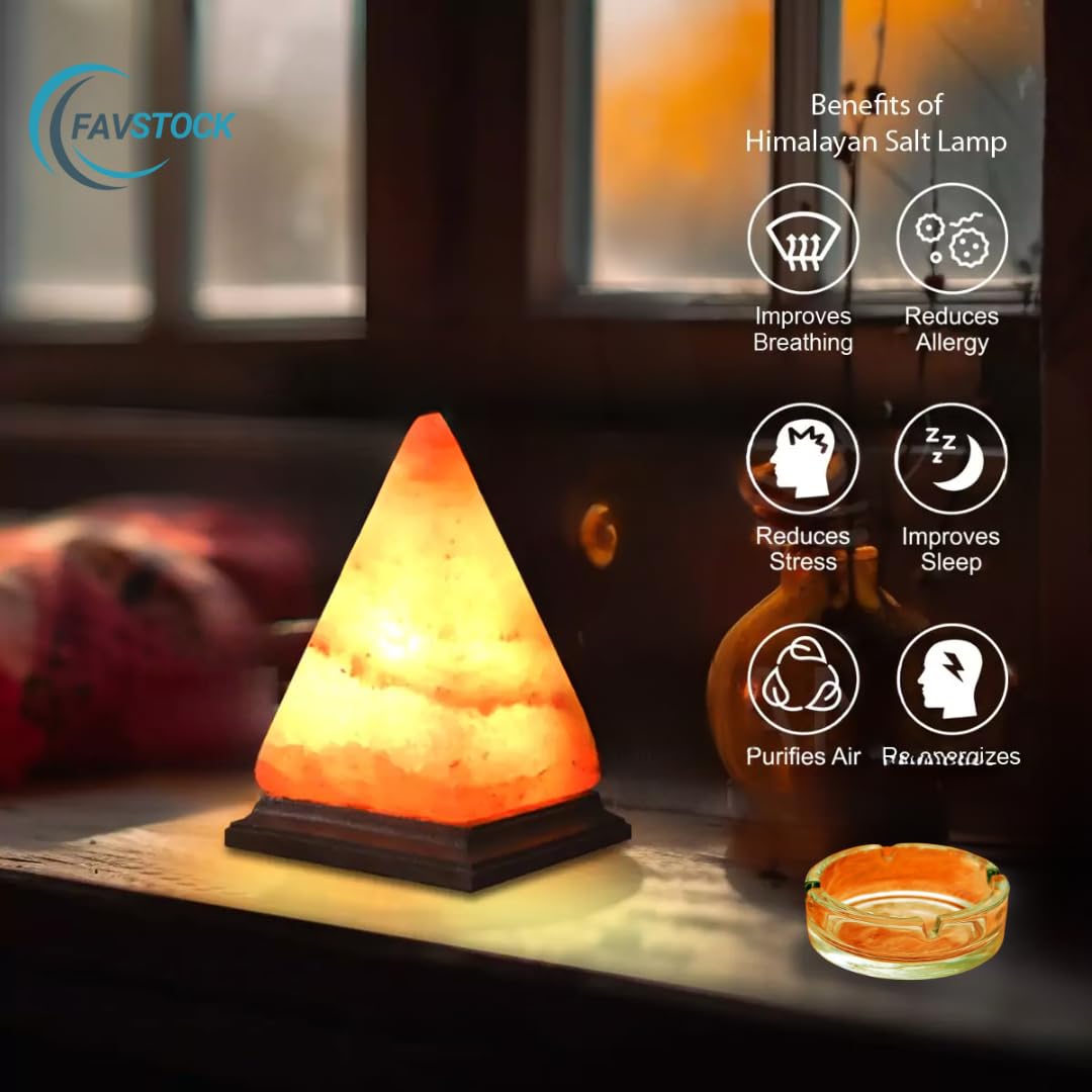 FAVSTOCK Himalayan Salt Lamp, Natural Pyramid Salt Rock Lamp with Handcrafted Wooden Base & Night Light, Soothing Amber Glow, for Home, Office, Yoga Decor, 6 x 4.5 Inches