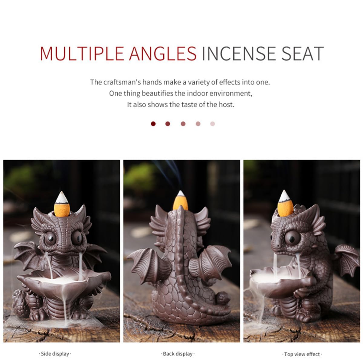 Ceramic Dragon Incense Burner, Cute Dinosaur Backflow Incense Holder with 20 Incense Cones, Tweezers, Mat, Aromatherapy Home Decoration for Spa Yoga Meditation (Brown)