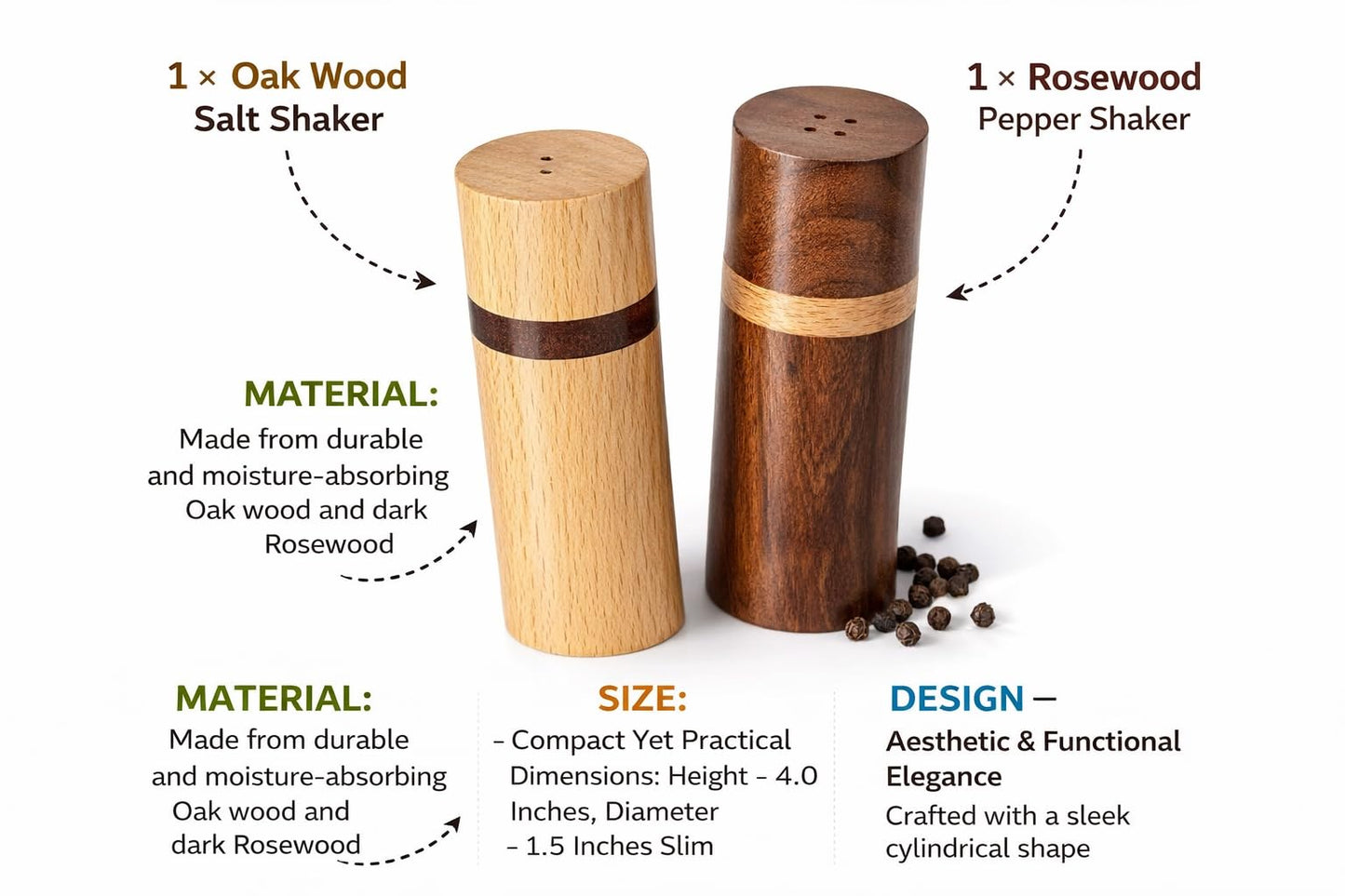 Wooden Salt & Pepper Shaker Set of 2 | Premium Oak & Rosewood | Tabletop Spice Shakers for Dining Table & Kitchen