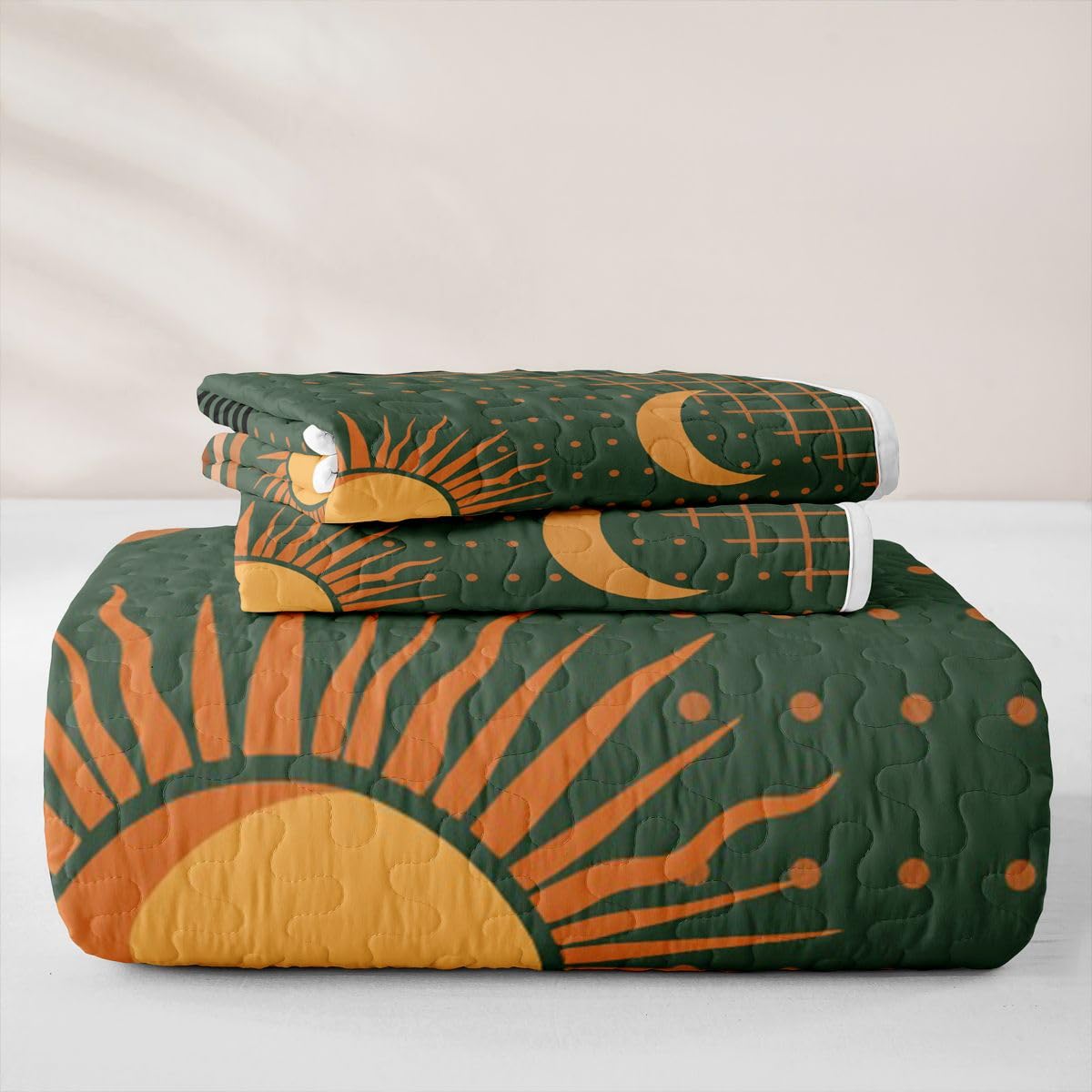 Erosebridal Boho Mid Century Quilted Bedspreadd Set Twin Sun Moon Coverlet Set Bohemian Abstract Geometric Bed Set Forest Green Bedding Set