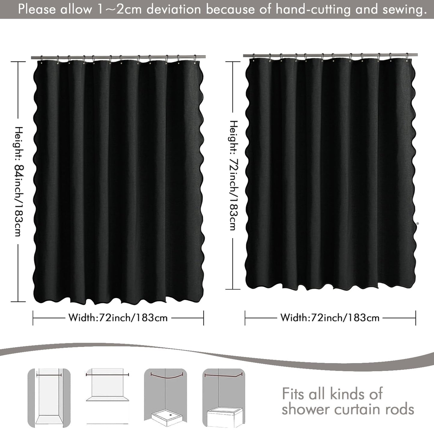 MIULEE 84" Long Scalloped Shower Curtain Linen Textured with 12 Metal Hooks Cute Extra Long Heavy Duty Washable Waterproof Cloth Halloween Shower Curtains with Black Border for Bathroom Hotel,Black
