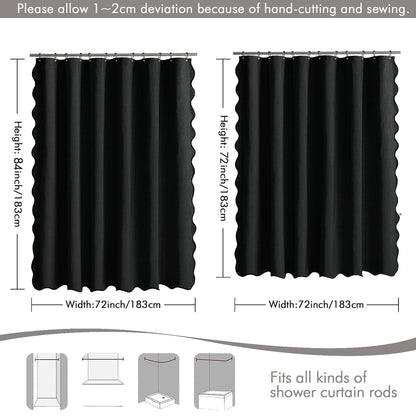 MIULEE 84" Long Scalloped Shower Curtain Linen Textured with 12 Metal Hooks Cute Extra Long Heavy Duty Washable Waterproof Cloth Halloween Shower Curtains with Black Border for Bathroom Hotel,Black