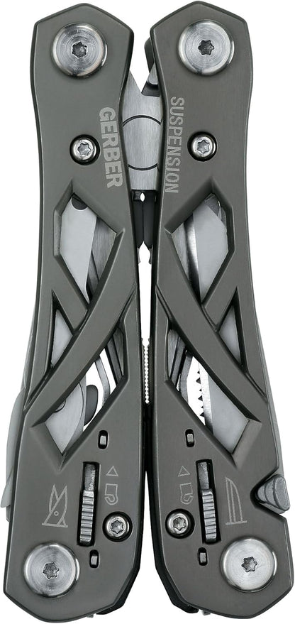 Gerber Gear Suspension 12-in-1 EDC Multi-Plier Multitool with Pocket Knife, Needle Nose Pliers, Wire Cutters and More, Gifts for Men, Camping and Survival, Grey