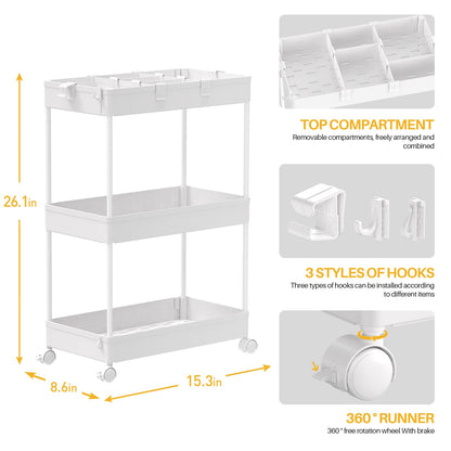 SPACELEAD 3 Tier Rolling Cart with Wheels, Storage Craft Art Trolley Organizer Serving, 3 Hanging Baskets Easy Assembly, for Office, Bathroom，Living Room, Kitchen, White