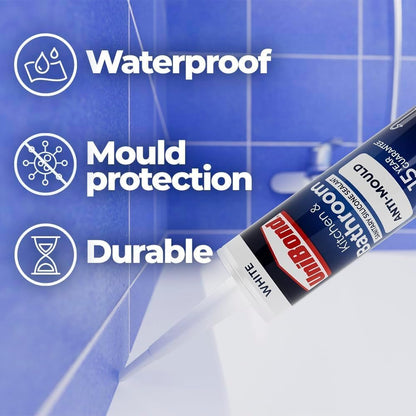 UniBond Anti-Mould White, Waterproof Mould Protection, Long-lasting White Silicone Sealant for Kitchen & Bathroom, Powerful Bath Sealant, 1 x 274g Cartridge