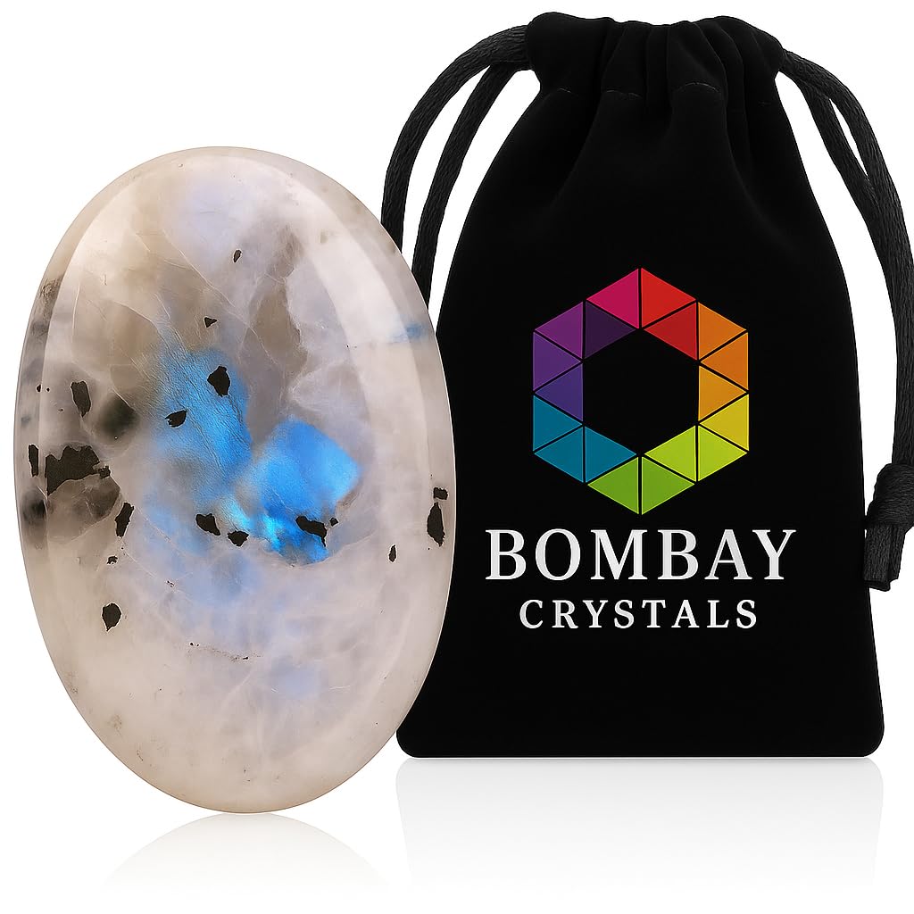Natural Polished Thumb Palm Crystal for Meditation, Rainbow Moonstone Worry Stone for Stress Relief, Anxiety Support & Pocket Reiki Healing