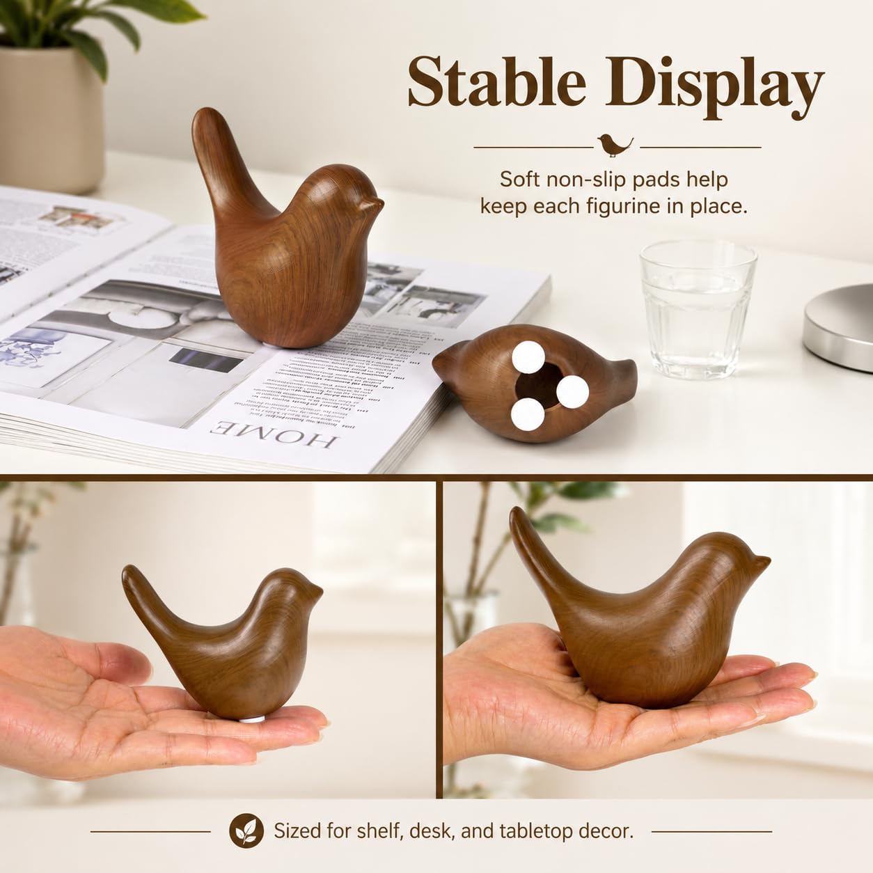 WhimWove 2 Pcs Ceramic Bird Figurines with Dark Wood Grain Look, Small Bird Statues for Home Decor, Modern Animal Sculptures, Shelf Decor, Bookshelf Decor, Tabletop Decorations for Living Room Office