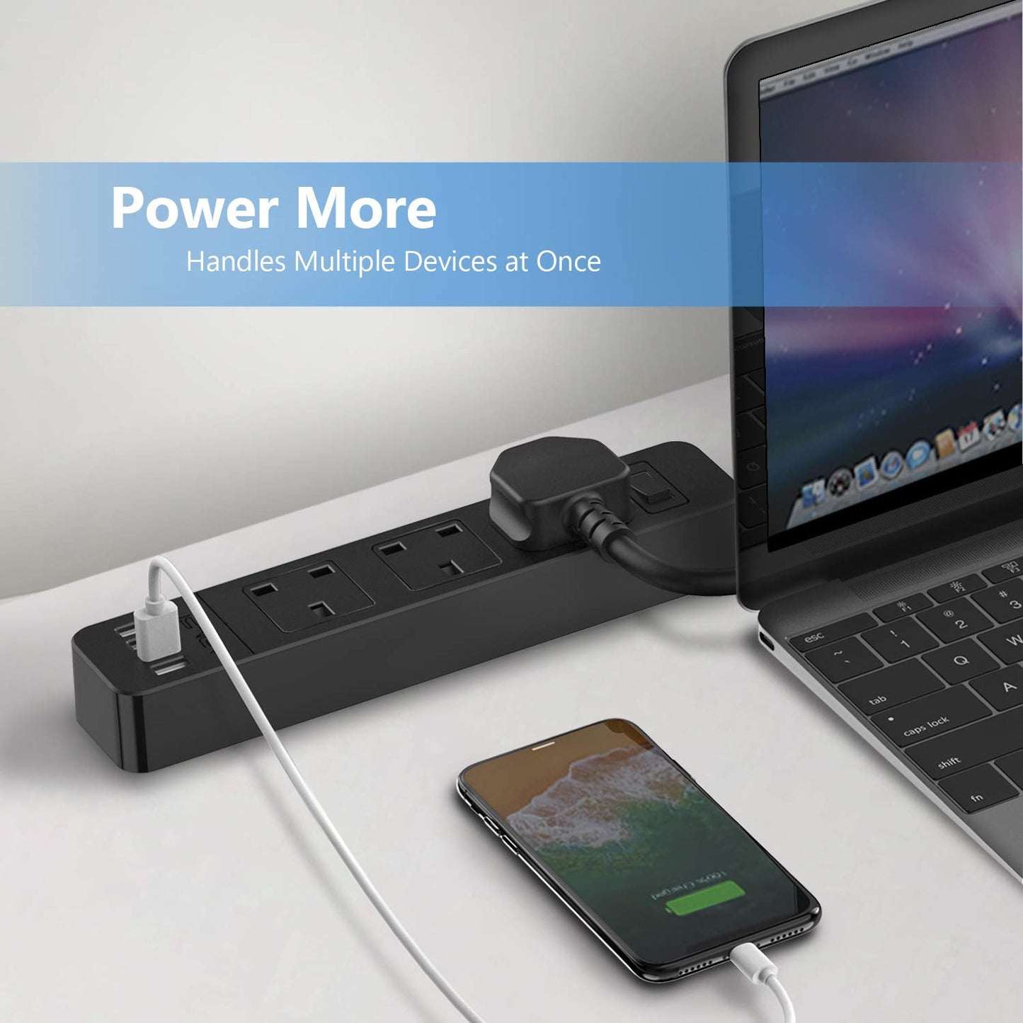 JSVER Extension Lead with 4 USB Ports Desktop Power Strip Smart Charging Station 3 Outlets USB Power Socket for Home Travel, Black