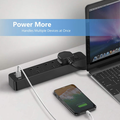 JSVER Extension Lead with 4 USB Ports Desktop Power Strip Smart Charging Station 3 Outlets USB Power Socket for Home Travel, Black