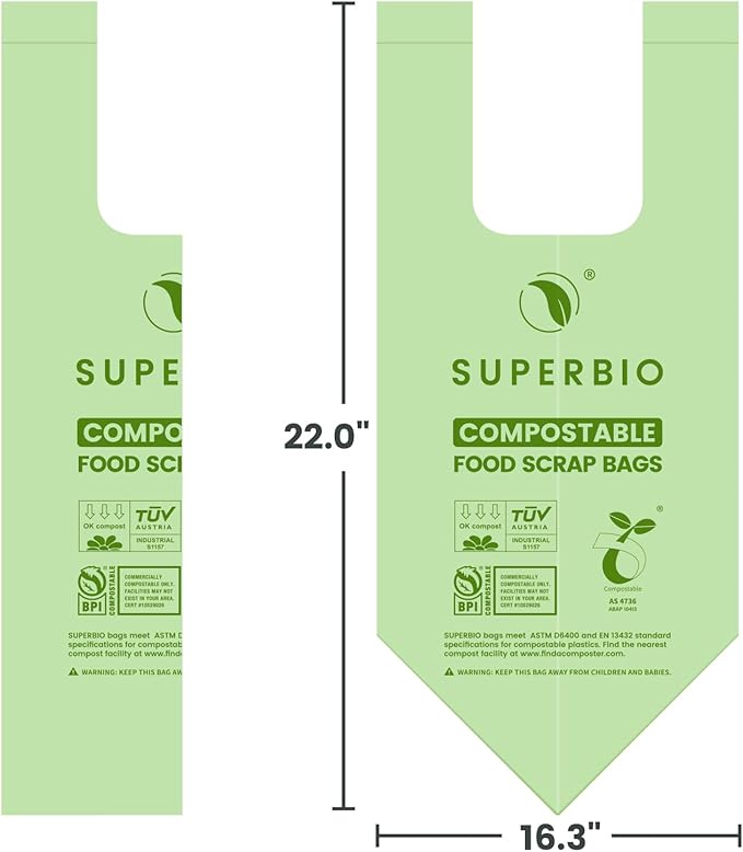 SUPERBIO 2.6 Gallon Compostable Bags, 2 Pack, Handle Tie Food Waste Bags