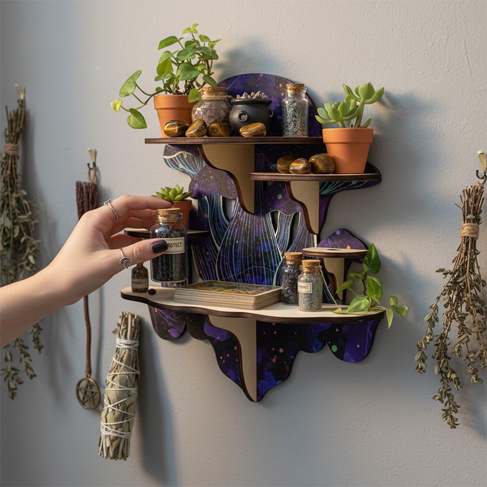 FNYDOX Crystal Display Shelf for Witchy Mushroom Decor, Gothic Altar Shelf for Crystals, Rocks, Gemstones & Essential Oils, 5 Compartment Wall Shelf & Spiritual Gifts