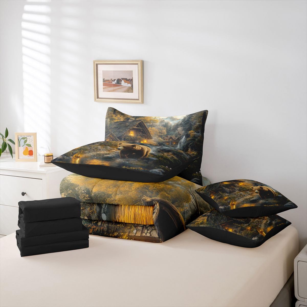 Erosebridal Cabin 7 Piece Bedding Set Queen Bear Comforter Set with Sheets Waterfall Snow Mountain River Woods Bed in a Bag Natural Theme Woodland Trees for Teens Men Women