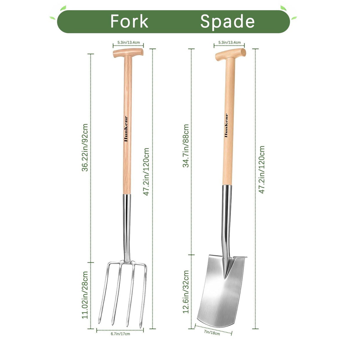 HUNKENR Garden Pitchfork Spade Set, 4-Tine Stainless Steel Pitchfork, 47" Heavy Duty Long Handled Spade with T-Handle/Ergonomic Beech Handle for Digging, Planting, Cultivating, Aerating