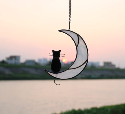 HAOSUM Black Cat On White Moon Stained Glass Window Hangings Ornament,Cat Memorial Gifts, Themed Gifts for Cats Lovers