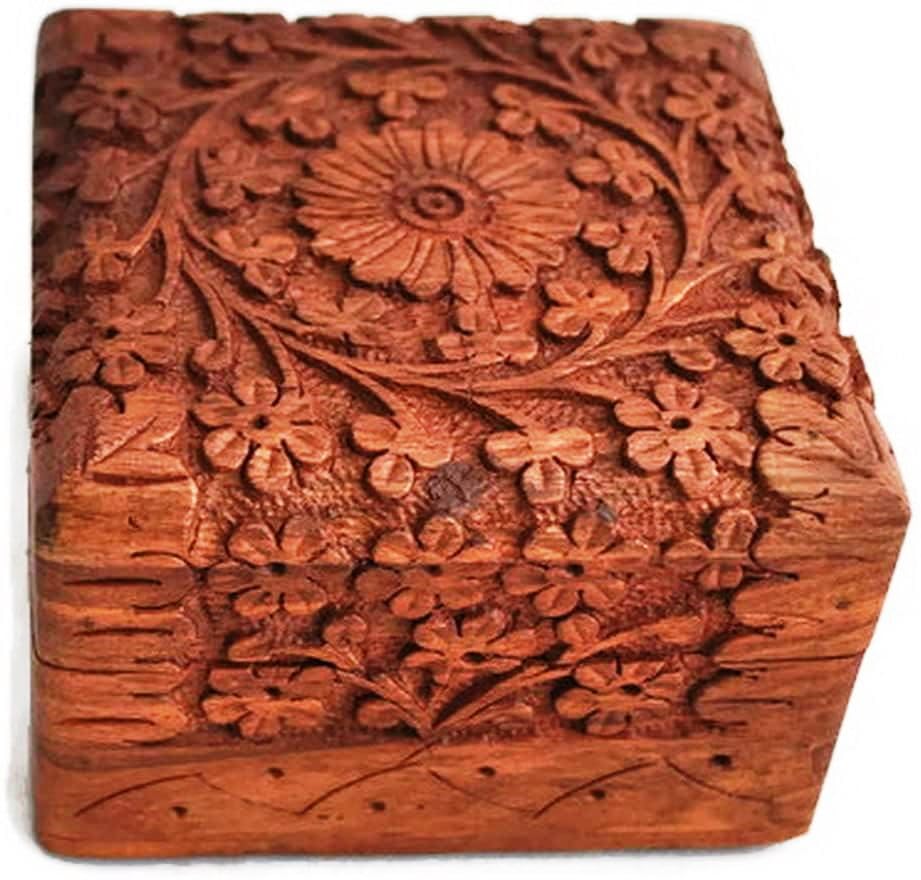 TOSQP27 Gift Jewelry Box Rosewood Hand-Carved Novelty Unique Trinket Case Jewellery – 4 Inch Wooden Travel Jewel Organizer Brass Inlay Velvet – Keepsake Birthday Aniversary Gifts for Women, Girls, Mom