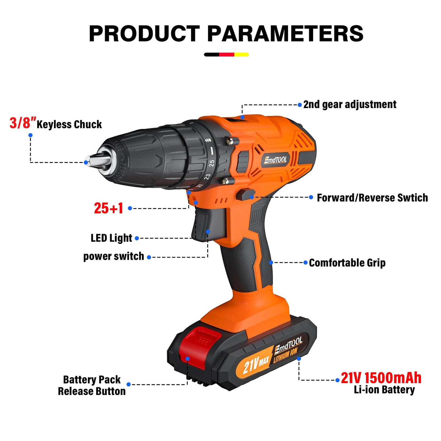 21V Combi Drill Set with 29PCS Accessories, 0-400/0-1400rpm 2 Variable Speed Cordless Screwdriver Max 45N.M Torque Portable Small Drill, 1500mAh Rechargeable Battery, Charger, Orange