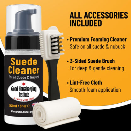 Suede & Nubuck Cleaner Foam 150ml for Shoes, Boots, Sandals, Trainers | Clean & Protect Dirt & Stains | Includes 3 Sided Suede Brush & Cleaning Cloth