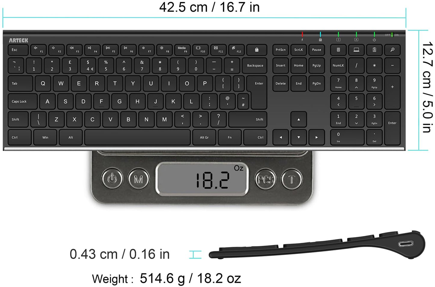 Arteck 2.4G Wireless Keyboard Stainless Steel Ultra Slim Full Size Keyboard with Numeric Keypad for Computer/Desktop/PC/Laptop/Surface/Smart TV and Windows 10/8/ 7 Built in Rechargeable Battery