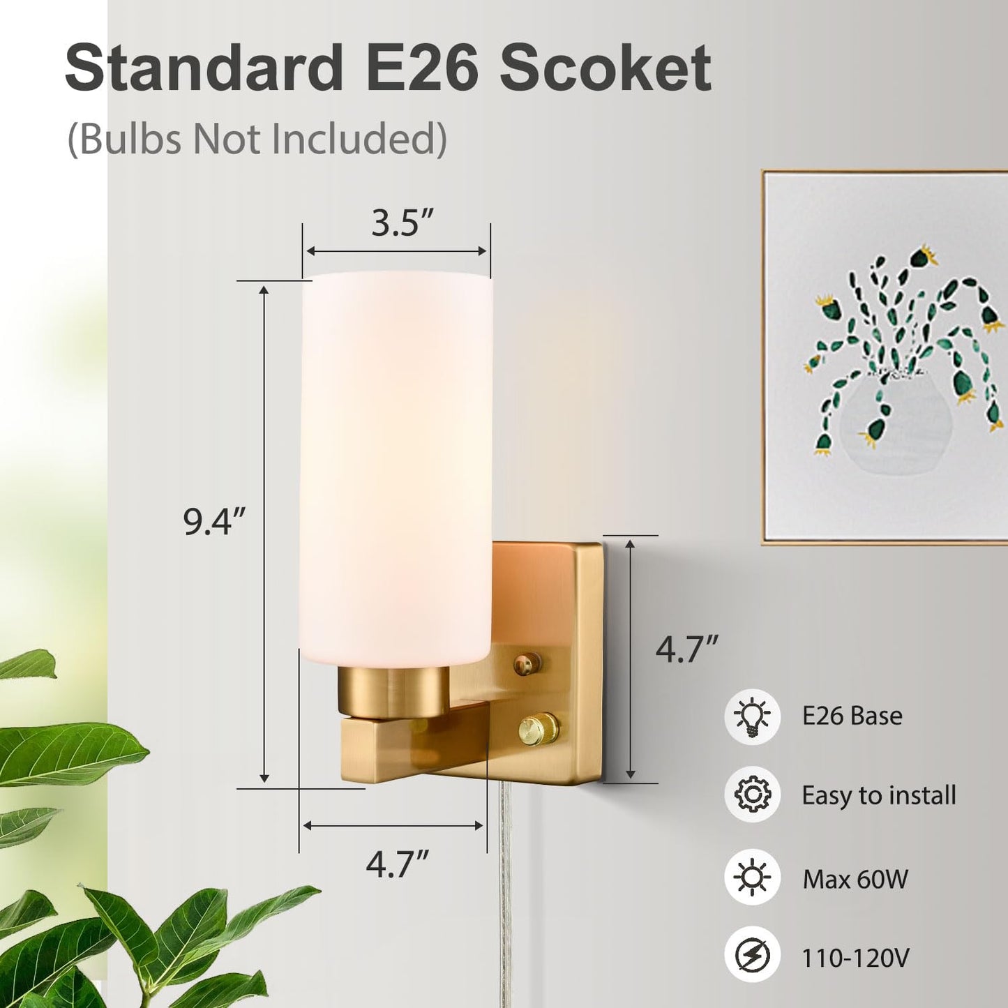 DEYNITE Modern Plug in & Hardwired Wall Sconce Brass Bathroom Vanity Light