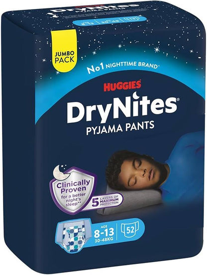 HUGGIES DryNites, Pyjama Pants, Boys 8-13 Years (30-48KG),52 x Bedwetting Pants, Up to 100% Leak Free Nights