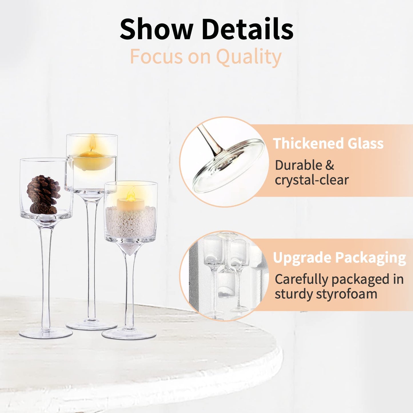 NUPTIO Glass Tealight Candle Holders: Set of 6 Tall Candle Stands for Dinner Table Centerpiece - Stemmed Candleholders for Pillar Floating Candles