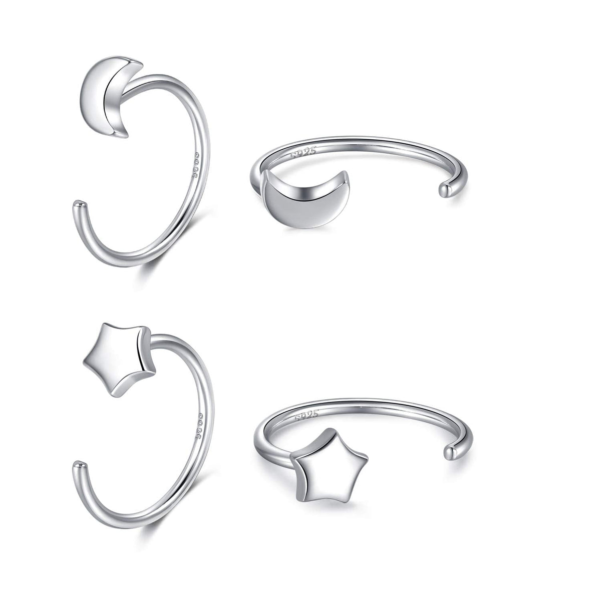 925 Sterling Silver Moon Star Hoop Earrings for Women Crescent Moon Hug Half Open Huggie Earrings Set 2 Pairs