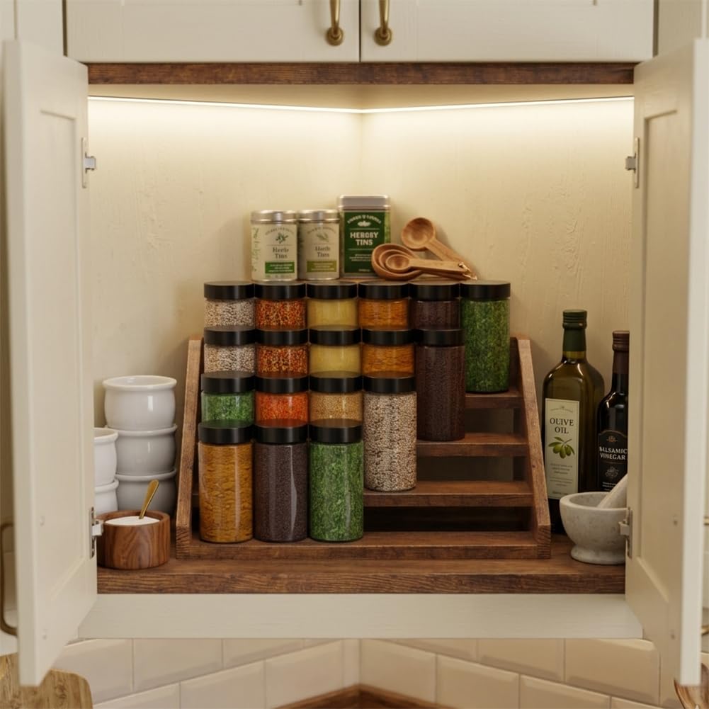 4 Tier Wood Spice Rack Organizer for Cabinet, Super Sturdy Display Riser Shelf Seasoning Organizer for Countertop Pantry Cupboard, Retro Storage Holder for Kitchen Condiment Jar Spice Container