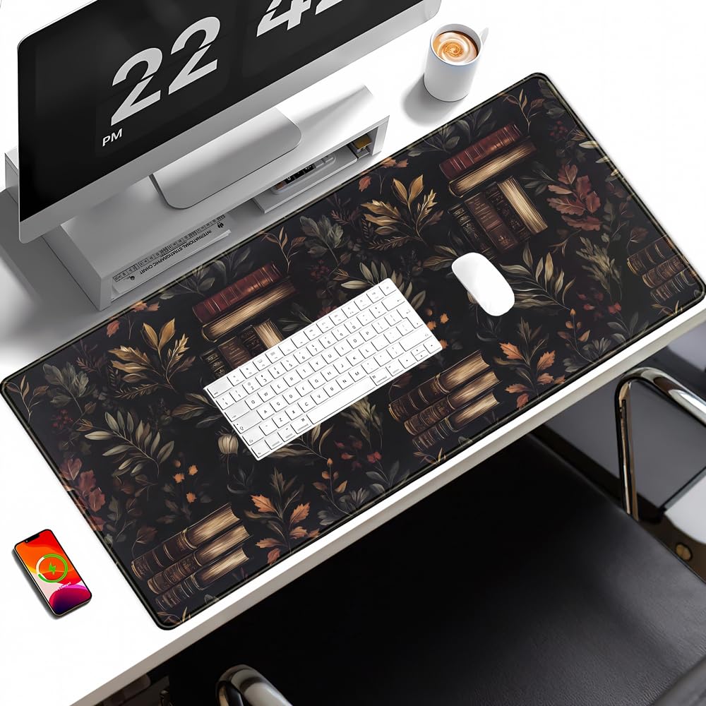 Vintage Plant Desk Mat Gaming Large Mouse Pad, Vintage Books Gothic Desk Pad Bookcase Mouse Mat XXL Laptop Keyboard Pad, Laptop Keyboard Mousepad Aesthetic Accessories for Women 31.5" X 15.7"