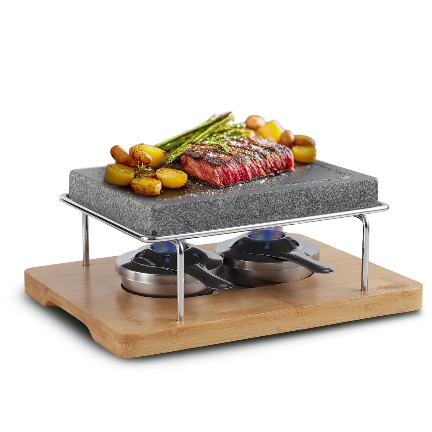 Artestia Hot Stone Cooking Set for Steak, Volcanic Stone Grill Plate with 2 Burners, Lava Steak Stone Set for Indoor Dining, Restaurant Style Searing, Personal Tabletop Cooking