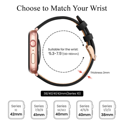 SUNFWR Compatible with Apple Watch Strap 38mm 40mm 41mm,Genuine Leather Strap Replacement,Slim&Thin Wristband for iwatch Series 7/6/5/4/3/2/1,SE(38mm 40mm 41mm,Black&Rosegold)