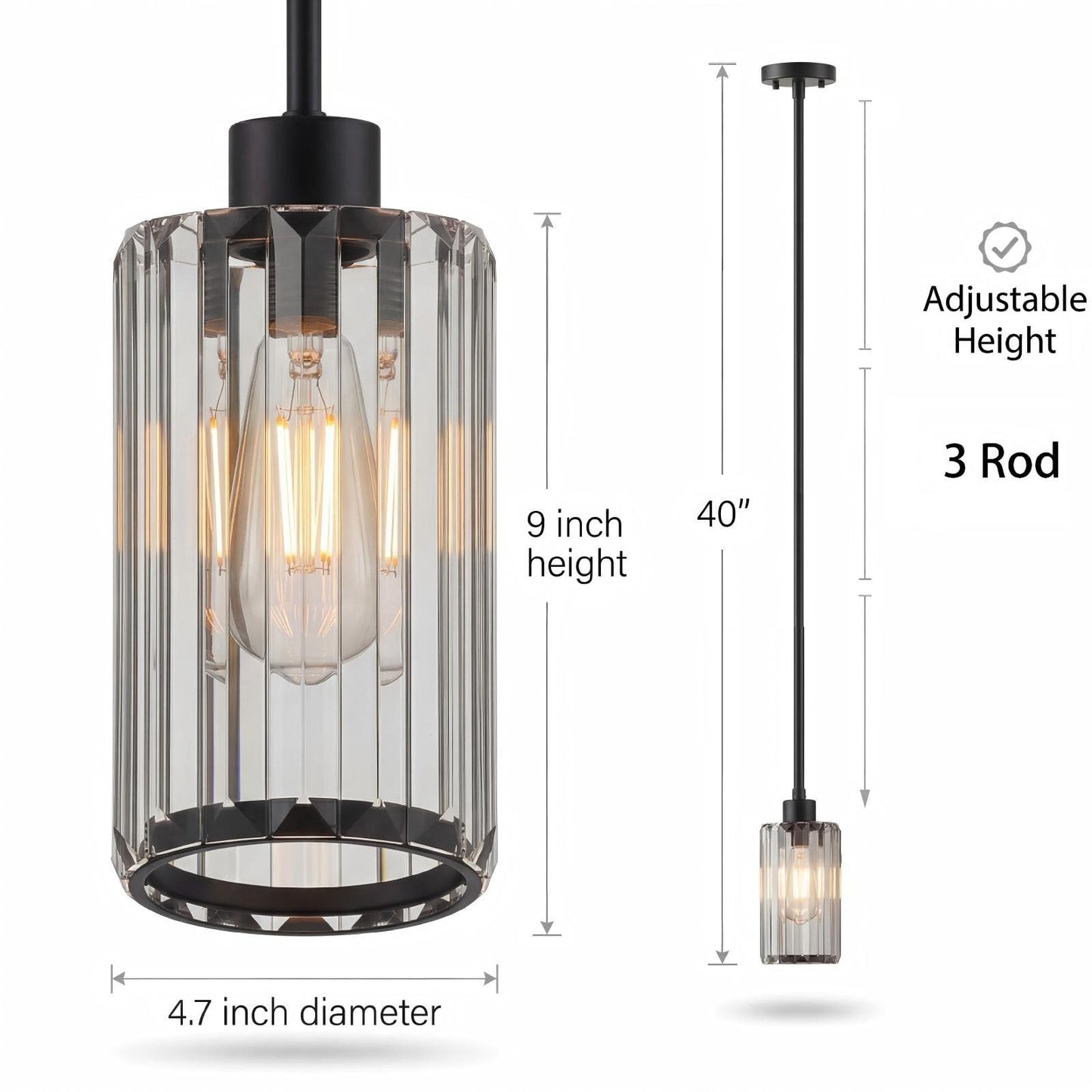 Virelite Modern Clear Fluted Glass Pendant Light 1 Pack - Thick Ribbed Glass with Soft Glow, Adjustable E26 Hanging Lamp for Kitchen Island & Dining Room